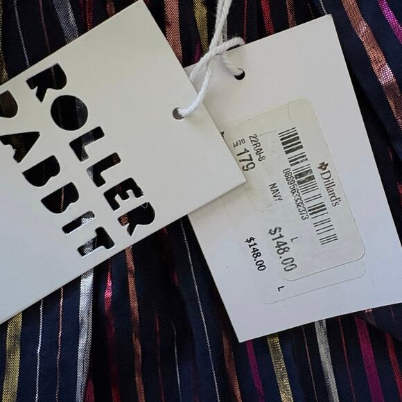 ROLLER RABBIT Navy Sz L Rainbow Lurex Ainsley Multicolor Top puff sleeves - Picture 7 of 8